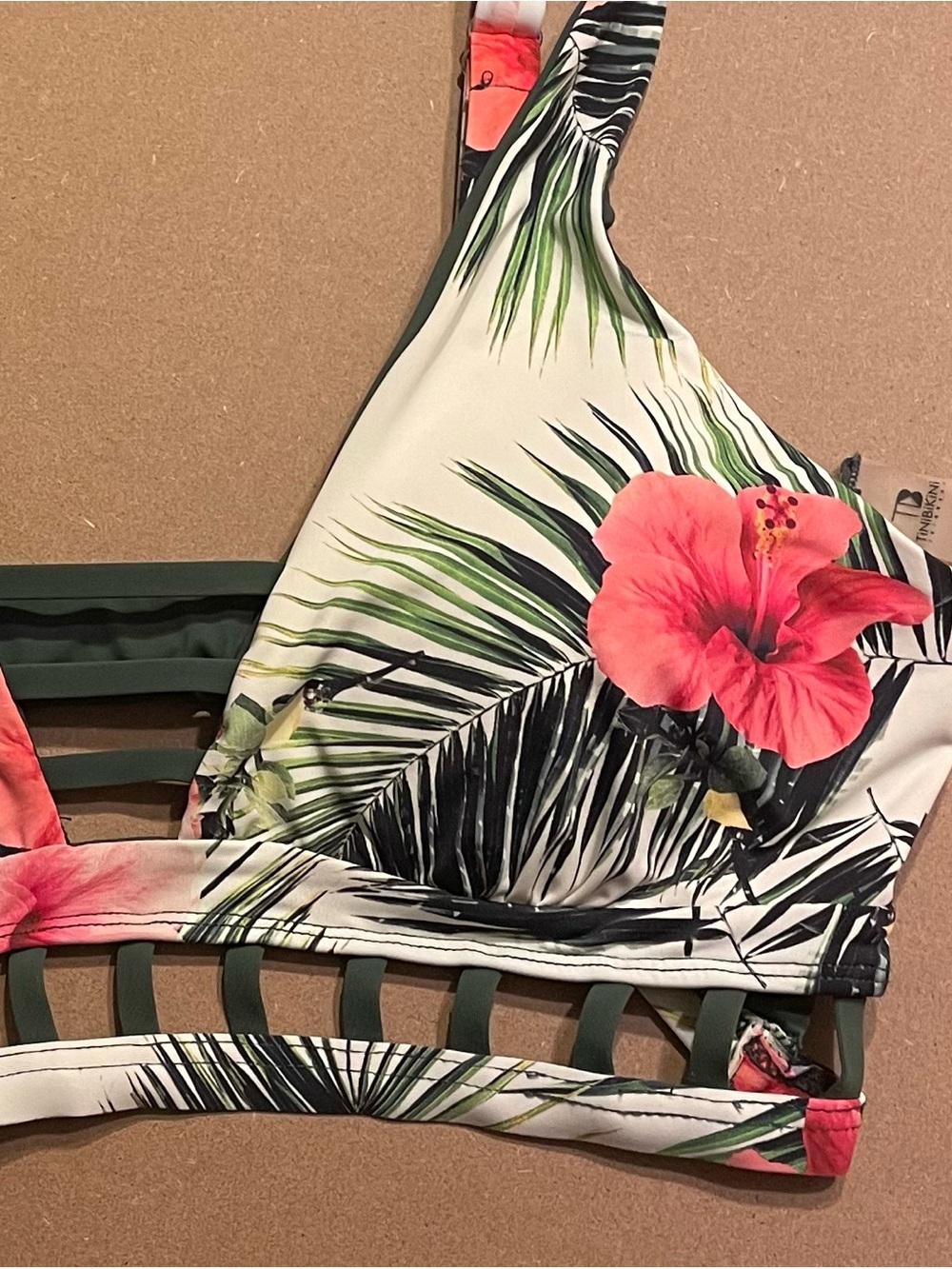 TiniBikini White Bikini Top with Pink Floral and Green Palm Print